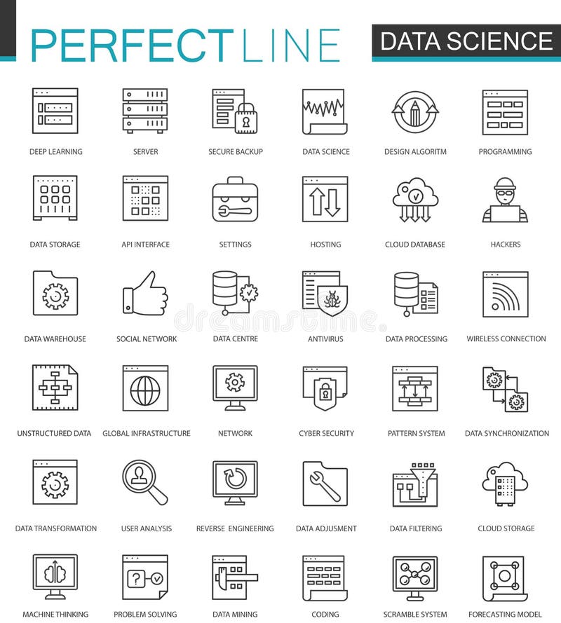 Línea fina iconos de la ciencia de los datos del web fijados Diseño de los iconos del movimiento del esquema del análisis de dato ilustración del vector Línea fina iconos de la ciencia de los datos del web fijados Diseño de los iconos del movimiento del esquema del análisis de dato ilustración del vector