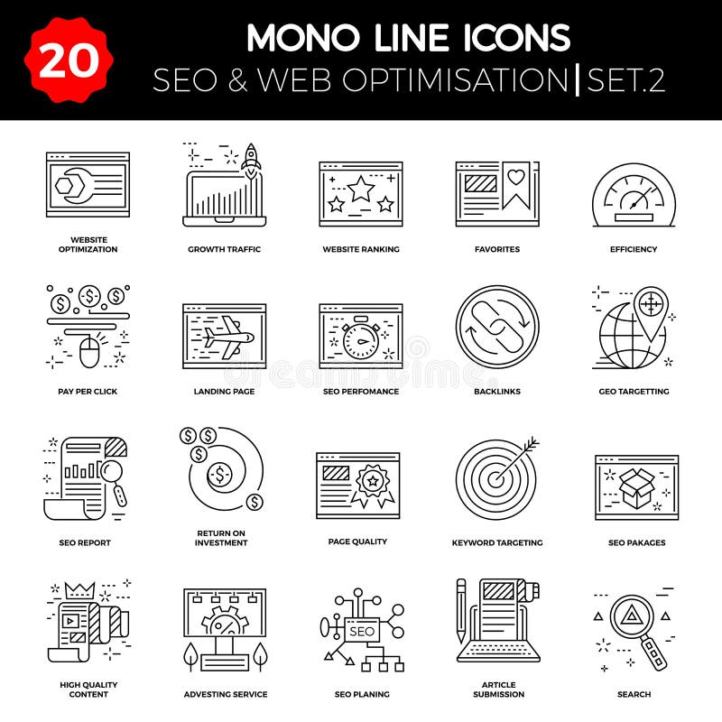 Línea fina iconos fijados de la optimización del Search Engine stock de ilustración Línea fina iconos fijados de la optimización del Search Engine stock de ilustración