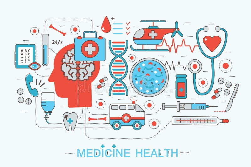 Línea fina plana moderna concepto médico de la atención sanitaria de la ciencia del diseño stock de ilustración Línea fina plana moderna concepto médico de la atención sanitaria de la ciencia del diseño stock de ilustración