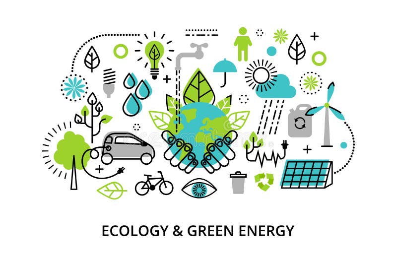 Línea fina plana moderna ejemplo del vector del diseño, concepto infographic de energía verde del problema, de la generación y de libre illustration Línea fina plana moderna ejemplo del vector del diseño, concepto infographic de energía verde del problema, de la generación y de libre illustration