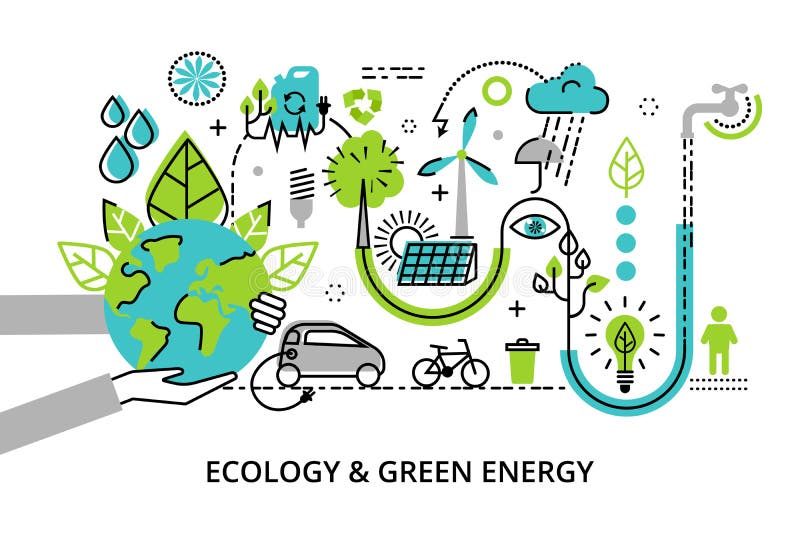 Línea fina plana moderna ejemplo del vector del diseño, concepto infographic de energía verde del problema, de la generación y de