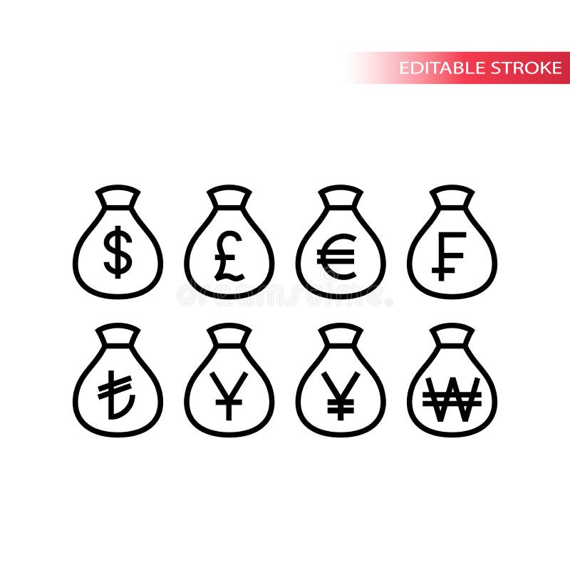 Línea fina sistema de la moneda del mundo del bolso del dinero del icono Iconos del vector del esquema del saco del dinero stock de ilustración Línea fina sistema de la moneda del mundo del bolso del dinero del icono Iconos del vector del esquema del saco del dinero stock de ilustración