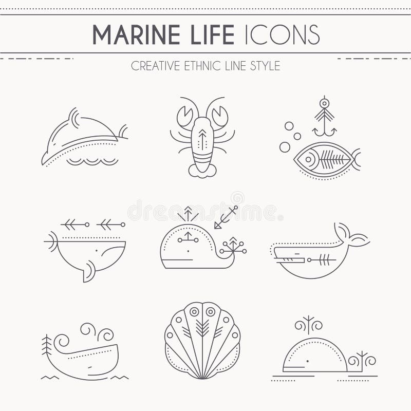 Línea fina sistema de la vida marina del icono ilustración del vector Línea fina sistema de la vida marina del icono ilustración del vector