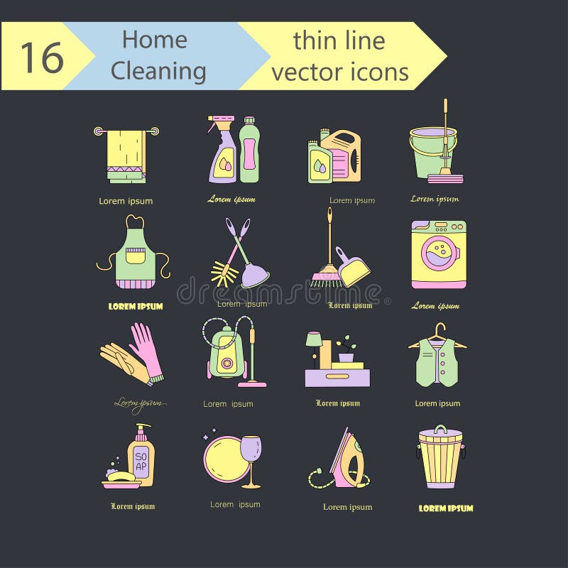 Línea fina sistema del color de la limpieza de la casa del icono del vector Para las compañías, lavaderos y servicio de los tinto ilustración del vector Línea fina sistema del color de la limpieza de la casa del icono del vector Para las compañías, lavaderos y servicio de los tinto ilustración del vector