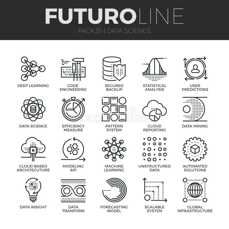 Línea iconos de Futuro de la ciencia de los datos fijados