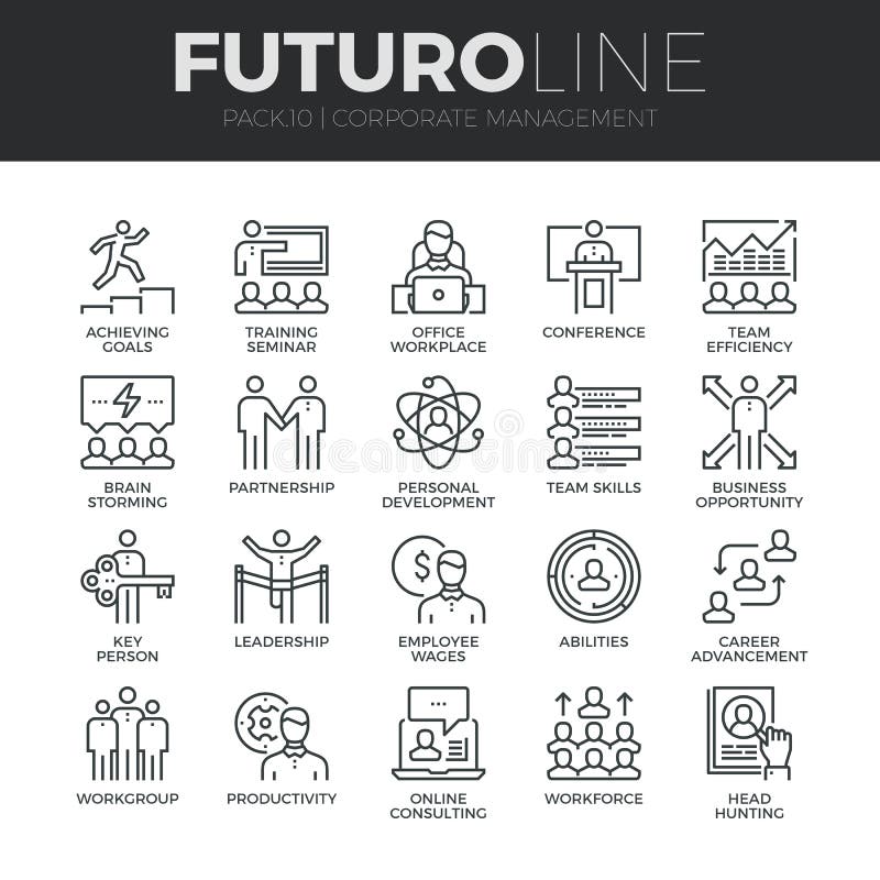 Línea iconos de Futuro de la gestión corporativa fijados stock de ilustración Línea iconos de Futuro de la gestión corporativa fijados stock de ilustración