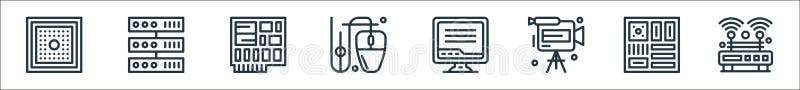 hardware network line icons. linear set. quality vector line set such as router, motherboard, video camera, computer screen, mouse, circuit board, database. hardware network line icons. linear set. quality vector line set such as router, motherboard, video camera, computer screen, mouse, circuit board, database