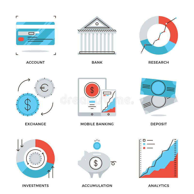 Línea iconos de las finanzas y de actividades bancarias fijados