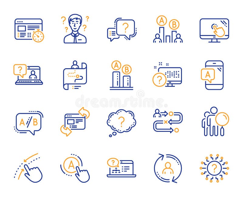 Línea iconos de UX Sistema del mapa de la prueba del AB, de la trayectoria del viaje e iconos lineares del signo de interrogación stock de ilustración