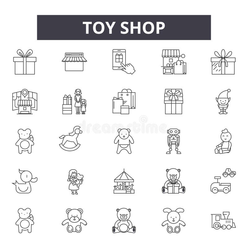 Línea iconos, muestras, sistema del vector, concepto linear, ejemplo de la tienda del juguete del esquema ilustración del vector Línea iconos, muestras, sistema del vector, concepto linear, ejemplo de la tienda del juguete del esquema ilustración del vector