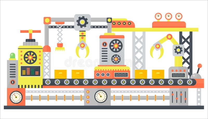 Línea industrial de la máquina abstracta en estilo plano Equipo de la tecnología de la maquinaria de construcción de fábrica, dir stock de ilustración Línea industrial de la máquina abstracta en estilo plano Equipo de la tecnología de la maquinaria de construcción de fábrica, dir stock de ilustración