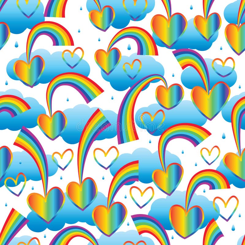 This illustration is abstract the rainbow with love dropping sky and decoration water drop and cloud colorful romantic in seamless pattern on white color background. This illustration is abstract the rainbow with love dropping sky and decoration water drop and cloud colorful romantic in seamless pattern on white color background.