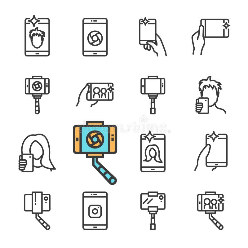 Línea negra iconos del vector de Selfie fijados Incluye los iconos tales como el palillo del selfie, smartphone, cámara delantera libre illustration Línea negra iconos del vector de Selfie fijados Incluye los iconos tales como el palillo del selfie, smartphone, cámara delantera libre illustration