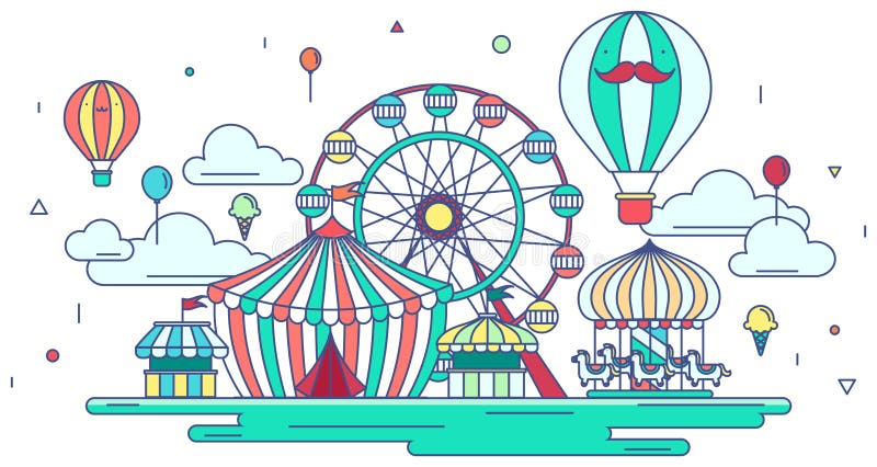 Flat line amusement park or theme park graphic design in creative advertising banner background. Flat amusement park with entertainment concept in isolated background, create by vector. Flat line amusement park or theme park graphic design in creative advertising banner background. Flat amusement park with entertainment concept in isolated background, create by vector