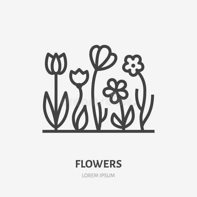Línea plana icono de las flores de la primavera Muestra fina de cultivar un huerto, plantando, logotipo del vector de la ecología libre illustration Línea plana icono de las flores de la primavera Muestra fina de cultivar un huerto, plantando, logotipo del vector de la ecología libre illustration