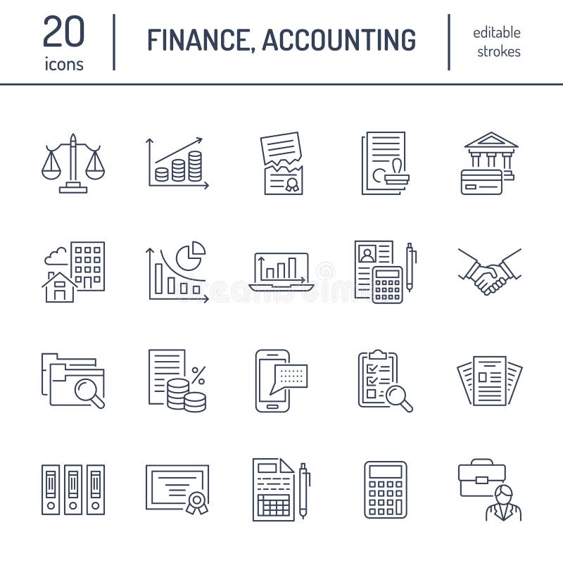 Línea plana iconos de la contabilidad financiera Optimización del impuesto de la contabilidad, disolución firme, externalización stock de ilustración Línea plana iconos de la contabilidad financiera Optimización del impuesto de la contabilidad, disolución firme, externalización stock de ilustración