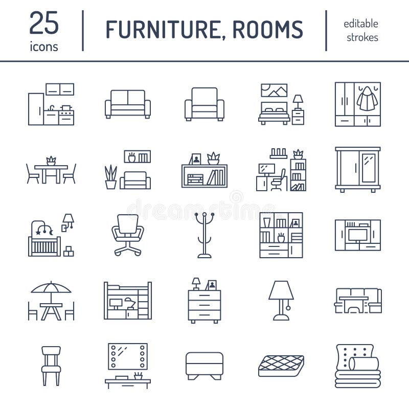 Línea plana iconos del vector de los muebles Soporte de la sala de estar TV, dormitorio, Ministerio del Interior, banco de la esq stock de ilustración Línea plana iconos del vector de los muebles Soporte de la sala de estar TV, dormitorio, Ministerio del Interior, banco de la esq stock de ilustración