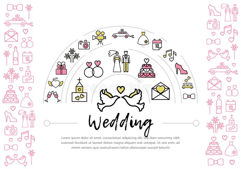 Línea plantilla de la boda de los iconos stock de ilustración Línea plantilla de la boda de los iconos stock de ilustración