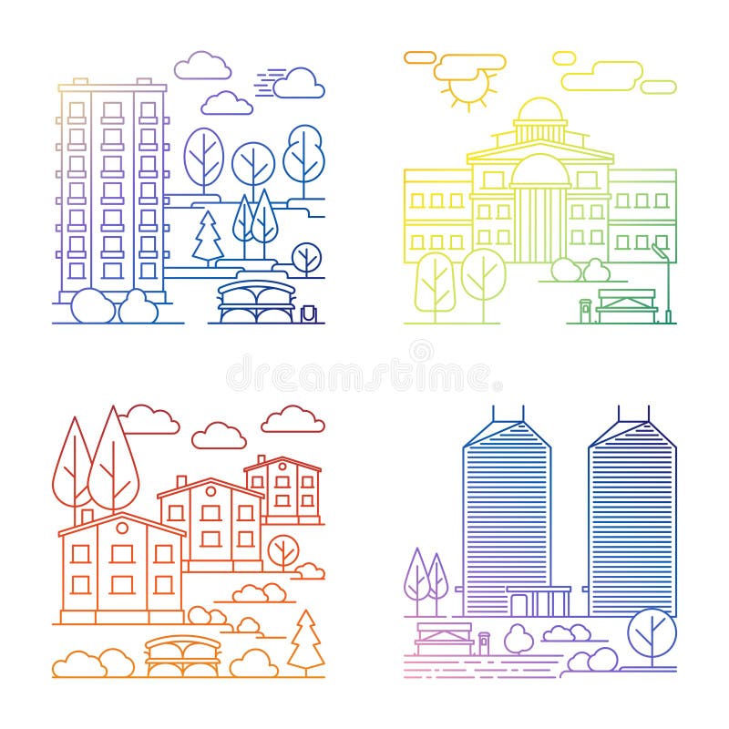Línea pueblo y banderas del paisaje de la ciudad stock de ilustración Línea pueblo y banderas del paisaje de la ciudad stock de ilustración