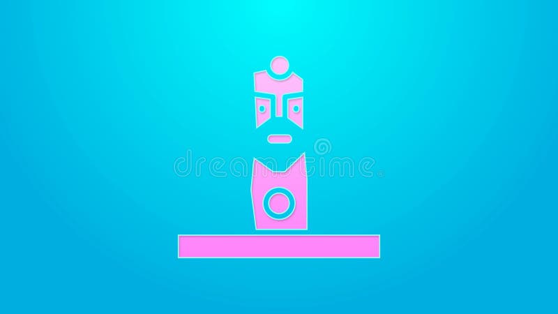 Línea rosa ídolo pagano eslavo icono aislado sobre fondo azul. antiguo ritual de madera ídolo 4k vídeo movimiento gráfico