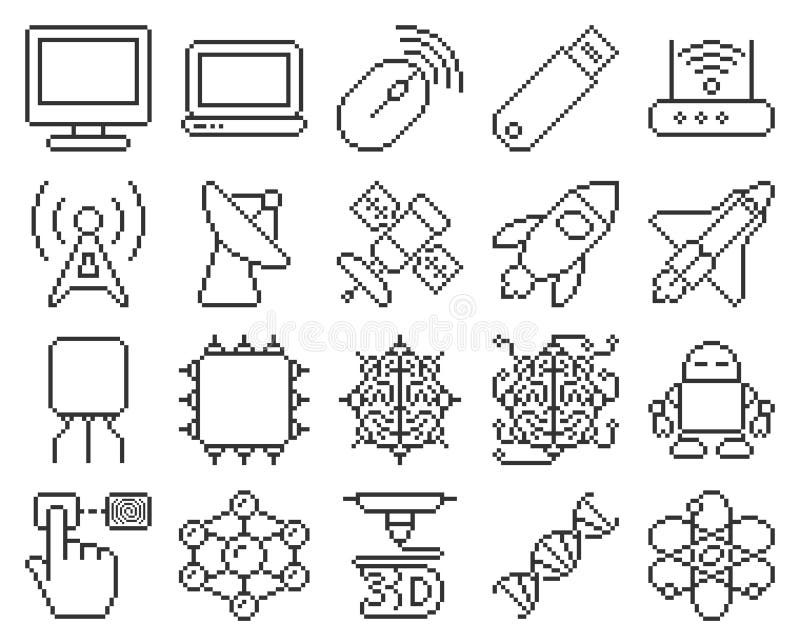 Línea sistema de la tecnología de los iconos del pixel libre illustration Línea sistema de la tecnología de los iconos del pixel libre illustration
