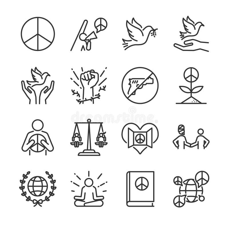 Línea sistema de los derechos humanos del icono Incluyó los iconos como moraleja, paz, activismo, paloma, la libertad, la mente a
