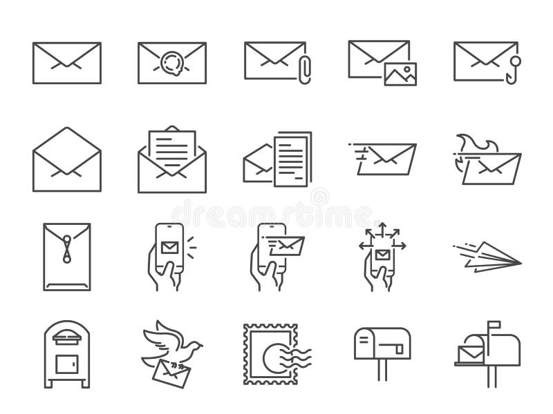 Línea sistema del correo del icono Iconos incluidos como correo electrónico, paloma, el sobre, enviado, caja del poste y más