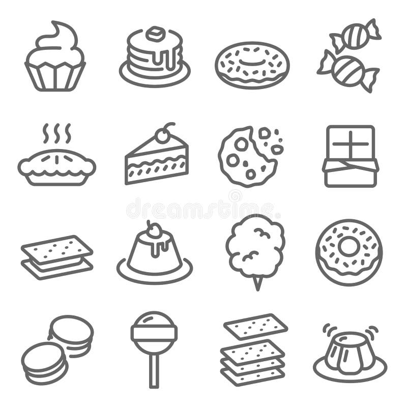 Línea sistema del vector del postre del icono Contiene los iconos tales como la magdalena, buñuelo, Macaron, pudín y más Movimien libre illustration Línea sistema del vector del postre del icono Contiene los iconos tales como la magdalena, buñuelo, Macaron, pudín y más Movimien libre illustration