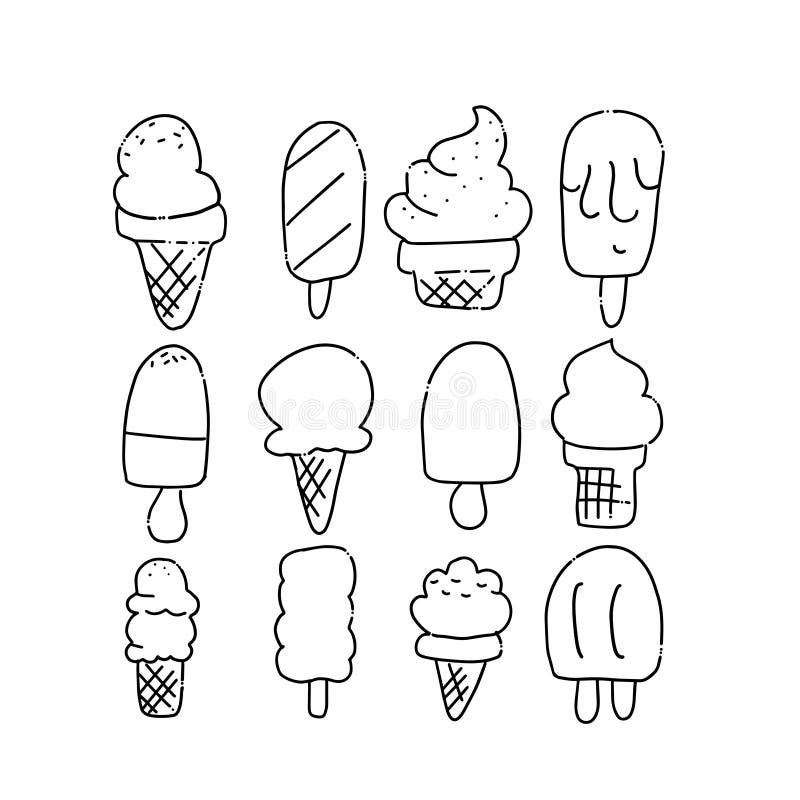 Línea sistema exhausto de los iconos del helado del arte de la mano Comida, dulce y fr?o del postre Fije de los diversos garabato libre illustration Línea sistema exhausto de los iconos del helado del arte de la mano Comida, dulce y fr?o del postre Fije de los diversos garabato libre illustration