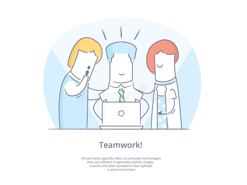 Línea superior icono y concepto de la calidad fijados: Grupo de personas joven que trabaja así como los ordenadores portátiles libre illustration Línea superior icono y concepto de la calidad fijados: Grupo de personas joven que trabaja así como los ordenadores portátiles libre illustration