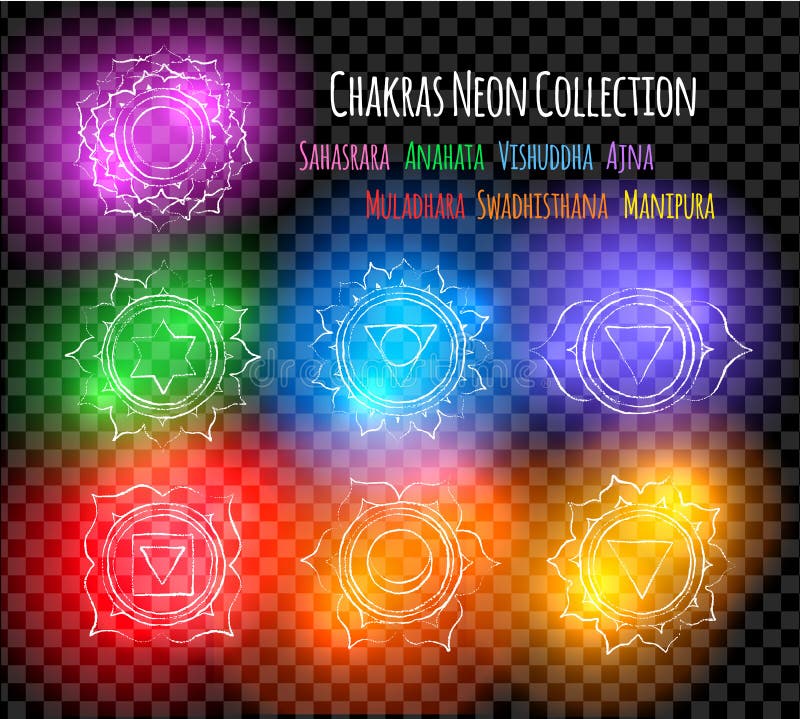 Línea símbolos del chakra del arte con el resplandor de neón ilustración del vector Línea símbolos del chakra del arte con el resplandor de neón ilustración del vector