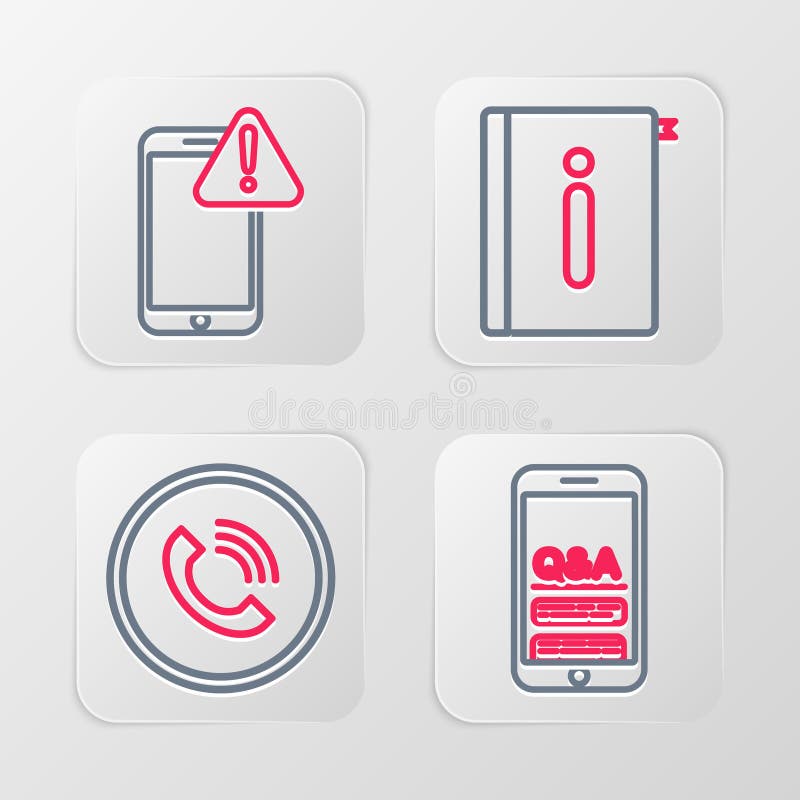 Línea línea teléfono móvil de preguntas y teléfono de exclamación manual del usuario y con icono de signo de exclamación. vector libre illustration