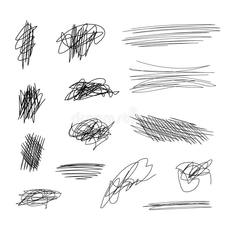 Líneas fijadas, movimientos negros del garabato del vector del cepillo en blanco ilustración del vector Líneas fijadas, movimientos negros del garabato del vector del cepillo en blanco ilustración del vector