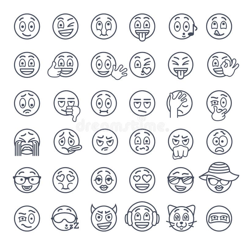 Líneas finas iconos planos del emoji sonriente de la cara del vector fijados stock de ilustración Líneas finas iconos planos del emoji sonriente de la cara del vector fijados stock de ilustración
