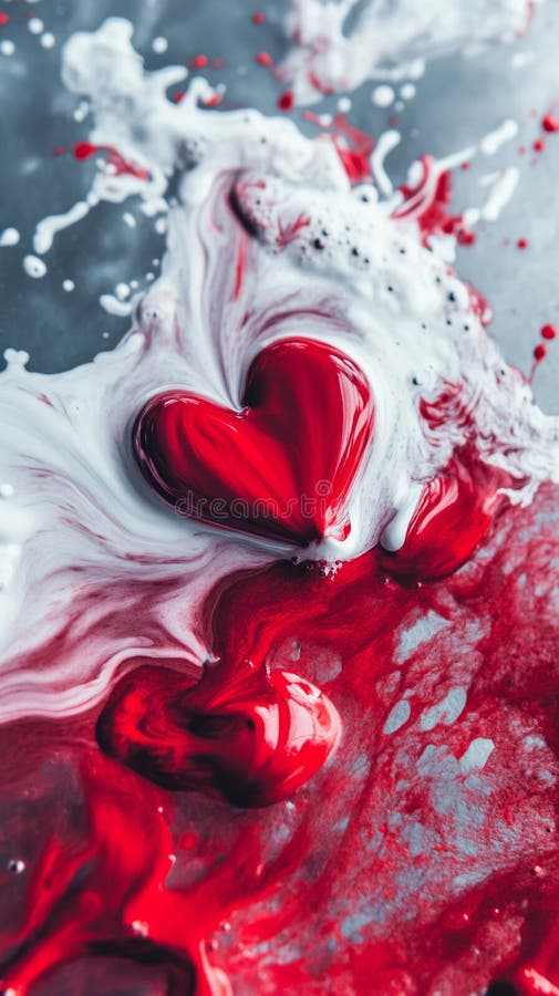 Líquido vermelho e branco giratório com forma cardíaca em desenho abstrato central. Conceito de amor e paixão imagens de stock royalty free