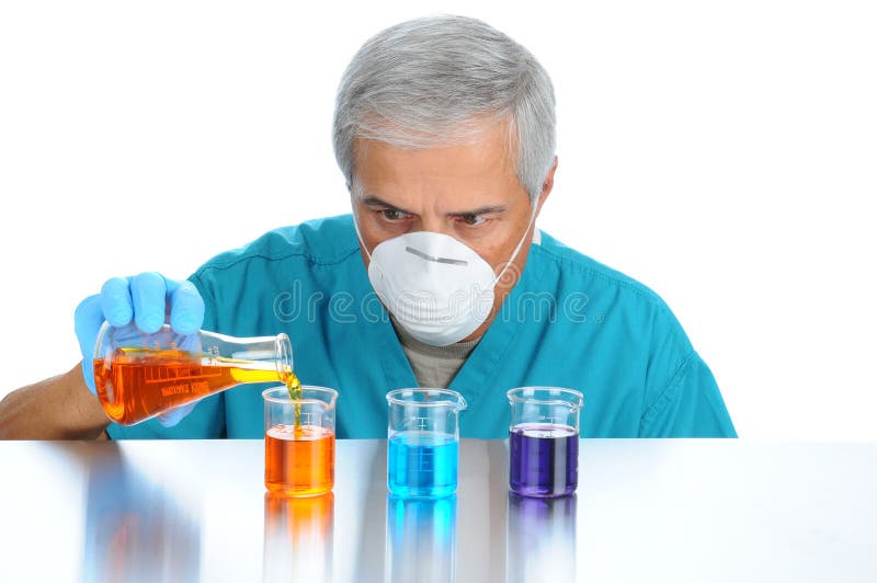 Scientist pouring measuring liquids in assorted beakers. Horizontal format over white background. Scientist pouring measuring liquids in assorted beakers. Horizontal format over white background.