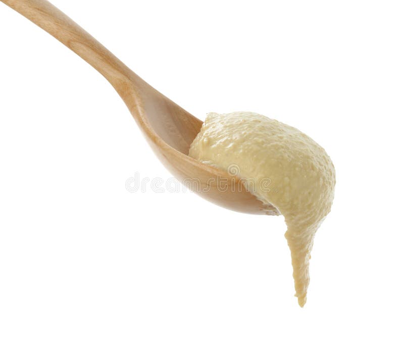 Löffel mit köstlichem Hummus isoliert auf weiß lizenzfreies stockfoto