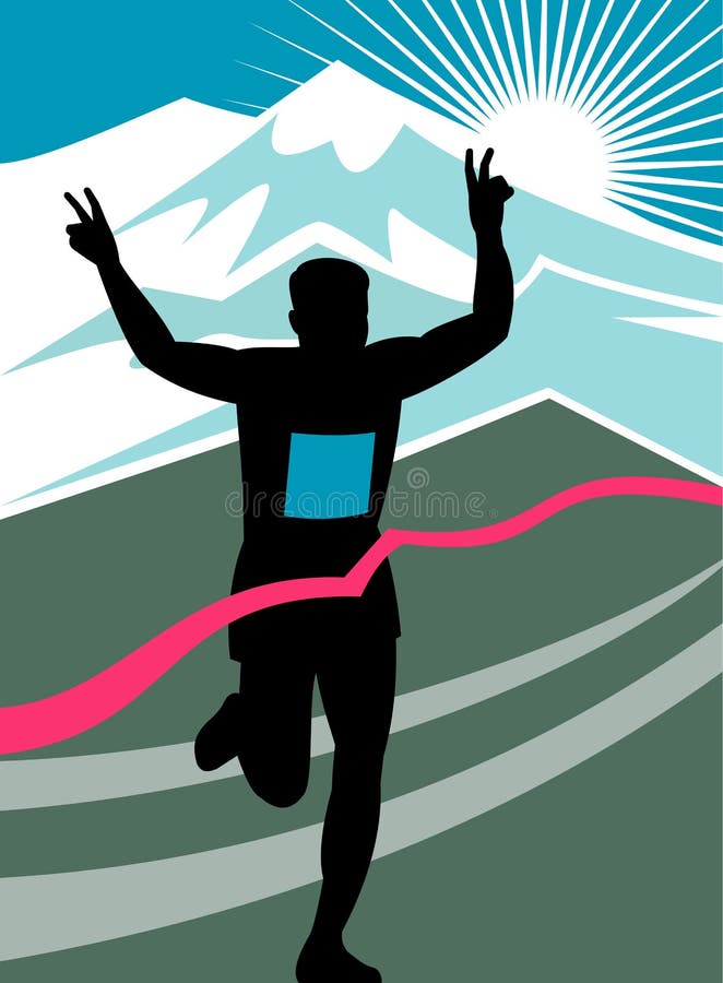 Illustration of a silhouette of Marathon runner flashing victory hand sign done in retro style with mountains and sunburst and finish line ribbon tape. Illustration of a silhouette of Marathon runner flashing victory hand sign done in retro style with mountains and sunburst and finish line ribbon tape