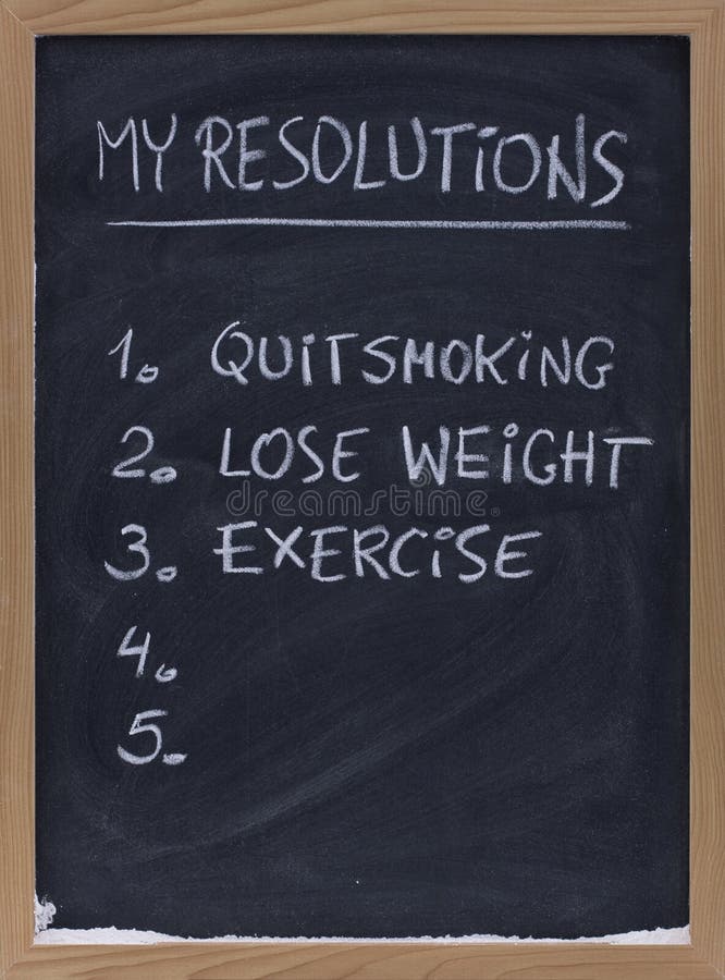 Numbered resolution lists (quit smoking, exercise, loose weight, ...) - handwriting with white chalk on small blackbard, copy space. Numbered resolution lists (quit smoking, exercise, loose weight, ...) - handwriting with white chalk on small blackbard, copy space