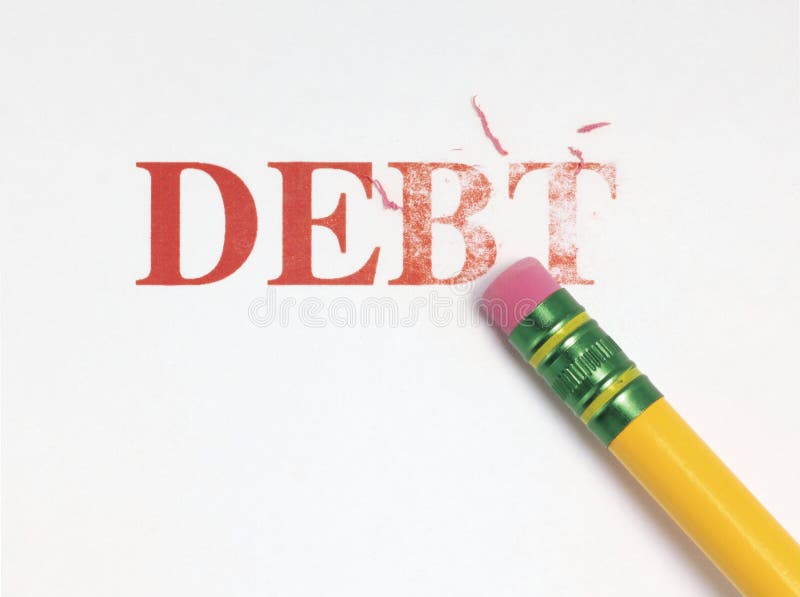 Close up of a yellow pencil erasing the word, 'debt' in red. Close up of a yellow pencil erasing the word, 'debt' in red.