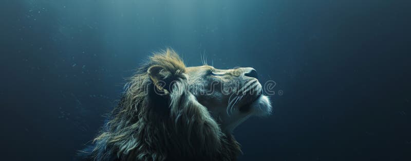 Löwe im Wasser mit erhobenem Kopf. Ein Löwe, der im flachen Wasser steht und seinen Kopf hoch in die Luft gehoben hat. generierte ai ai generative