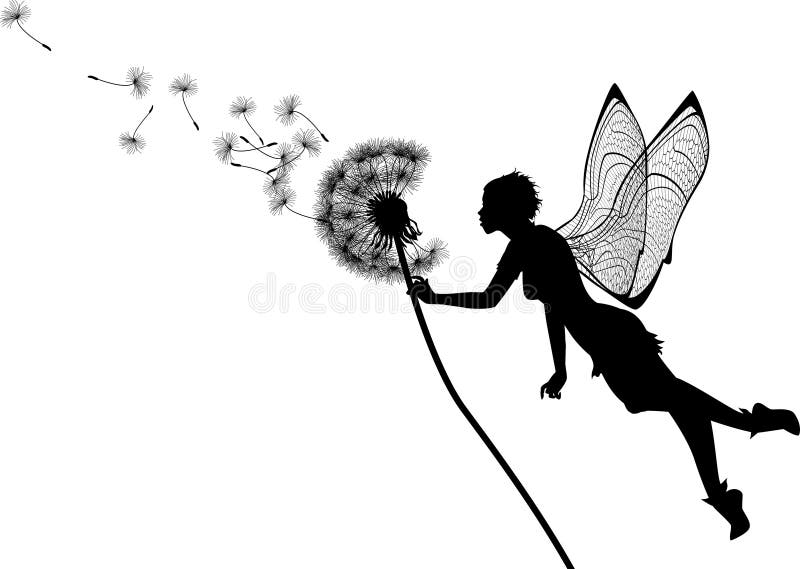 Silhouette graphic illustration depicting a dandelion and a fairy. Silhouette graphic illustration depicting a dandelion and a fairy