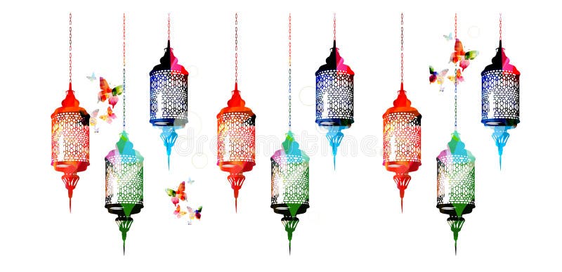 Lămpi grafice colorate cu ramadan kareem cu ilustrare vectorială cu fluturi. festivaluri de sărbători musulmane și evenimente trad royalty free illustration