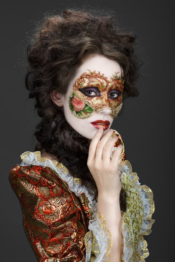 Máscara Veneciana Mujer Hermosa En Vestido Del Vintage Y Una