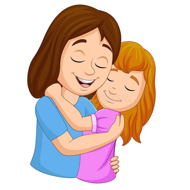 Mãe feliz dos desenhos animados que abraça sua filha