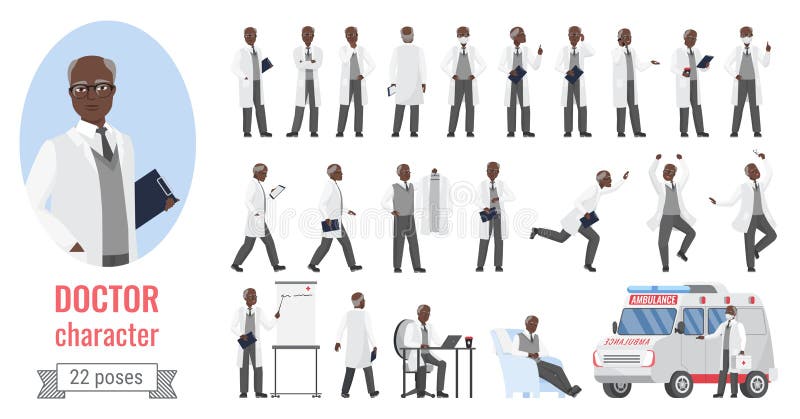 conjunto de personagens de desenhos animados de médico masculino, médico de  homem bonito em poses diferentes, trabalhador médico ou equipe hospitalar.  ícone plano de desenho animado médico em um vetor de fundo