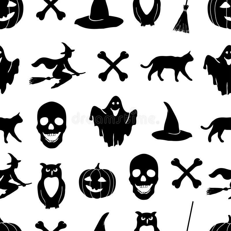 Silhuetas de Halloween. Bruxa, abóbora, gato preto, aranha, morcego e  vassoura. 672087 Vetor no Vecteezy