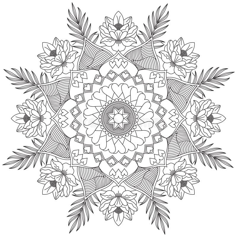 Mandala Flower Illustration Vector Beautiful Deco Monochrome Contour Mandal Indian Floral Ornament Circular Pattern Rose Style Lot