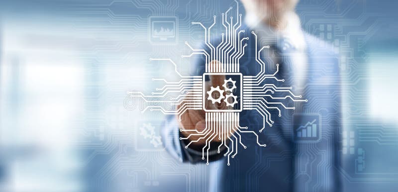 M? canisme de vitesses sur l'? cran virtuel? coulement de processus d'automation et d'affaires Concept d'affaires et de technologie illustration stock