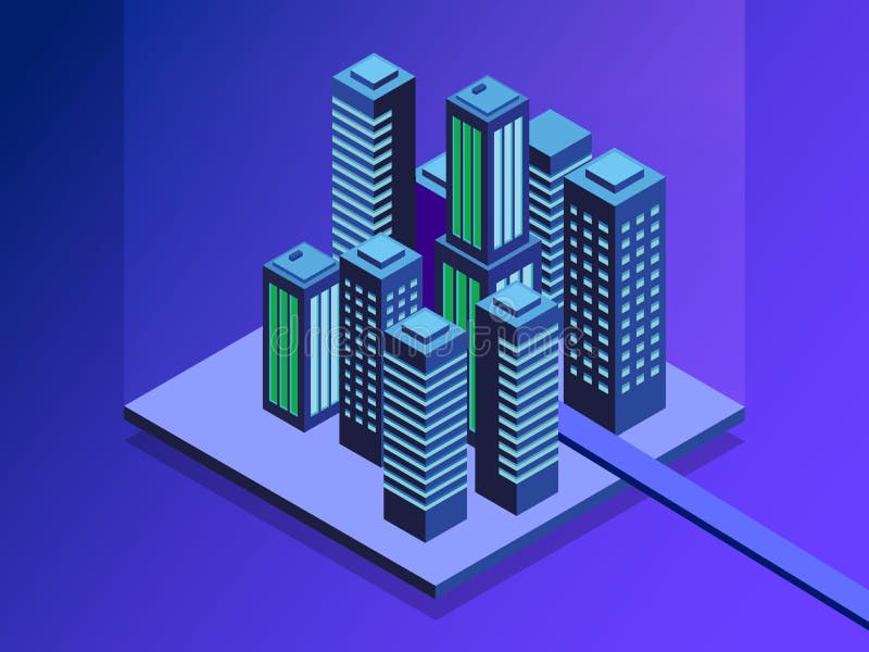 Smart city isometric illustration. Intelligent buildings. Streets of the city connected to computer network. Internet of things concept. Business center with skyscrapers. Smart city isometric illustration. Intelligent buildings. Streets of the city connected to computer network. Internet of things concept. Business center with skyscrapers.